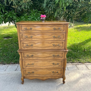 Vintage French Provincial Tallboy Dresser, Louis XV Style, Solid Wood