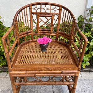 Vintage Brighton Pavilion Style Chair Burnt Bamboo Tortoiseshell Fretwork Chinese Chippendale Arm Chair with Cane seat Coastal Chic