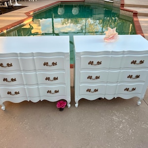 PAIR of JOHN WIDDICOMB style French Provincial Bachelors Chests 36” x 32.75 x 21” Louis xv Overside Nightstands a Pair of French Nightstands