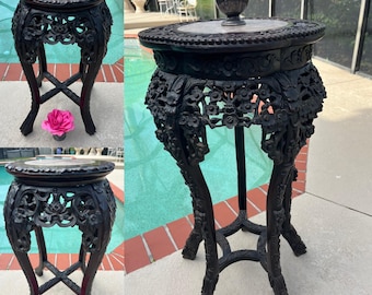 Tall Antique Chinese Hard Wood Carved Plant Stand carved foo dogs on each leg, flowers Pink marble inset top Ornate Jardiniere stand