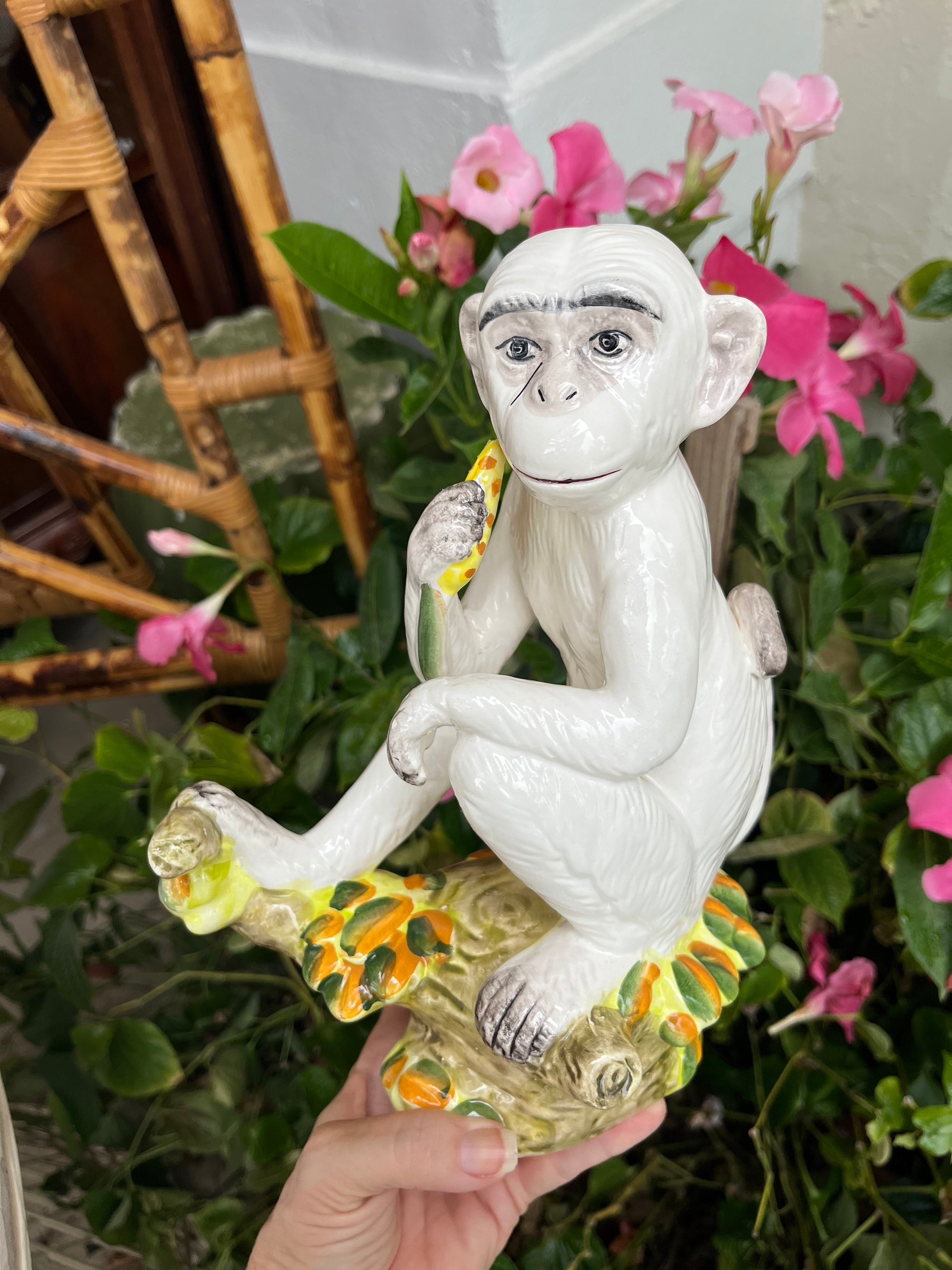 Ceramic Monkey Sitting on BANANAS, Vintage Monkey Statue Hand