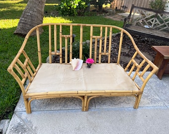 ON HOLD Vintage Rattan Settee, Vintage Bamboo Loveseat Settee, Tropical Bamboo settee with cushions Tropiton Style settee Retro Daisy Girl