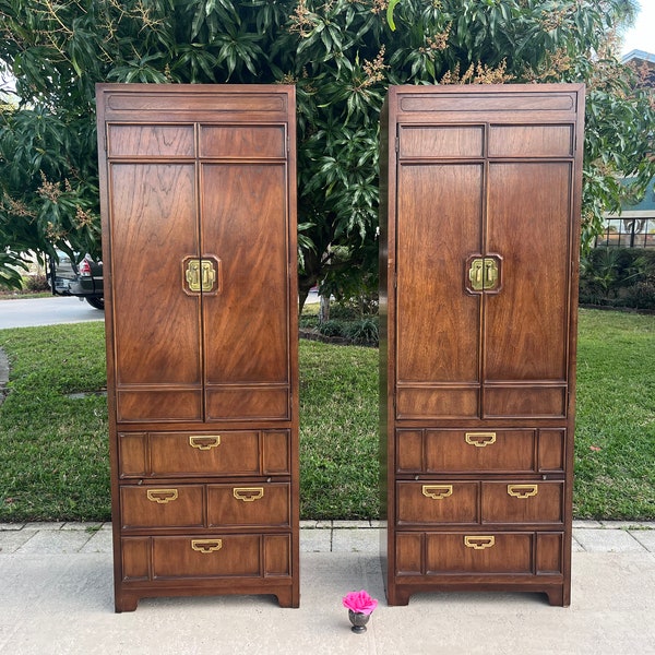 Pair of Vintage Mystique Pier Cabinets, Chinoiserie Wardrobes made by Thomasville, Asian Campaign Armoires