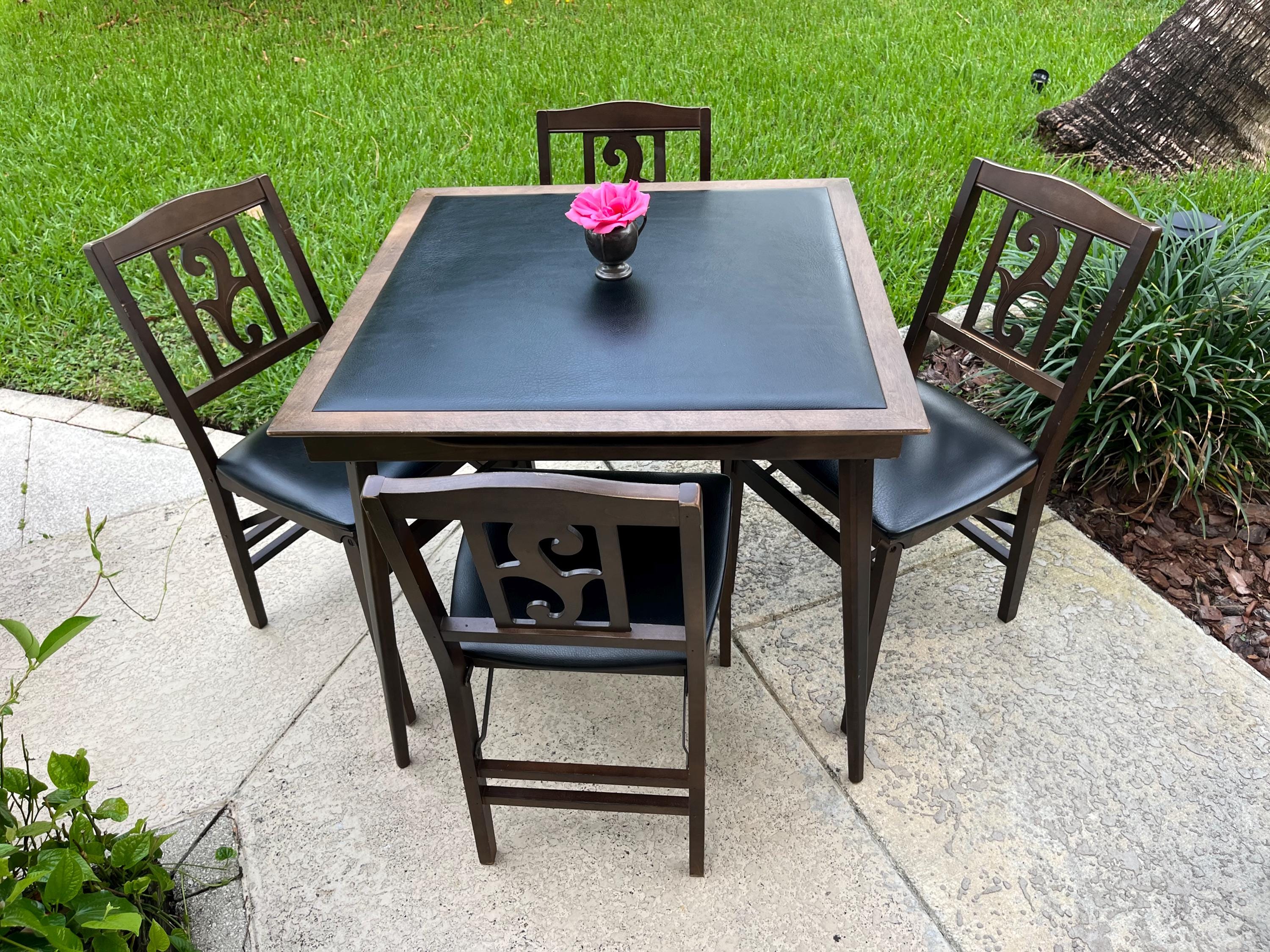 Stakmore Game Table and 4 Folding Chairs Vintage Folding Card Table, Game Table  Dining Table \u0026 4 Carved Back Chairs Black Leather Seats - Etsy, image size:3000x2250