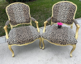 PAIR FRENCH PROVINCIAL Louis xv Leopard Arm Chairs , Vintage Gold Gilt Bergere Chairs