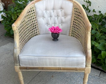 Faux Bamboo Cane Barrel arm chair, Cane Barrel chair with tufted back