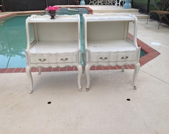 SOLD FRENCH PROVINCIAL NIGHTSTANDs / Pair of French Provincial Side Tables / 29&quot; tall x 21&quot; x 20&quot; French Shabby Chic Style Retro Daisy Girl