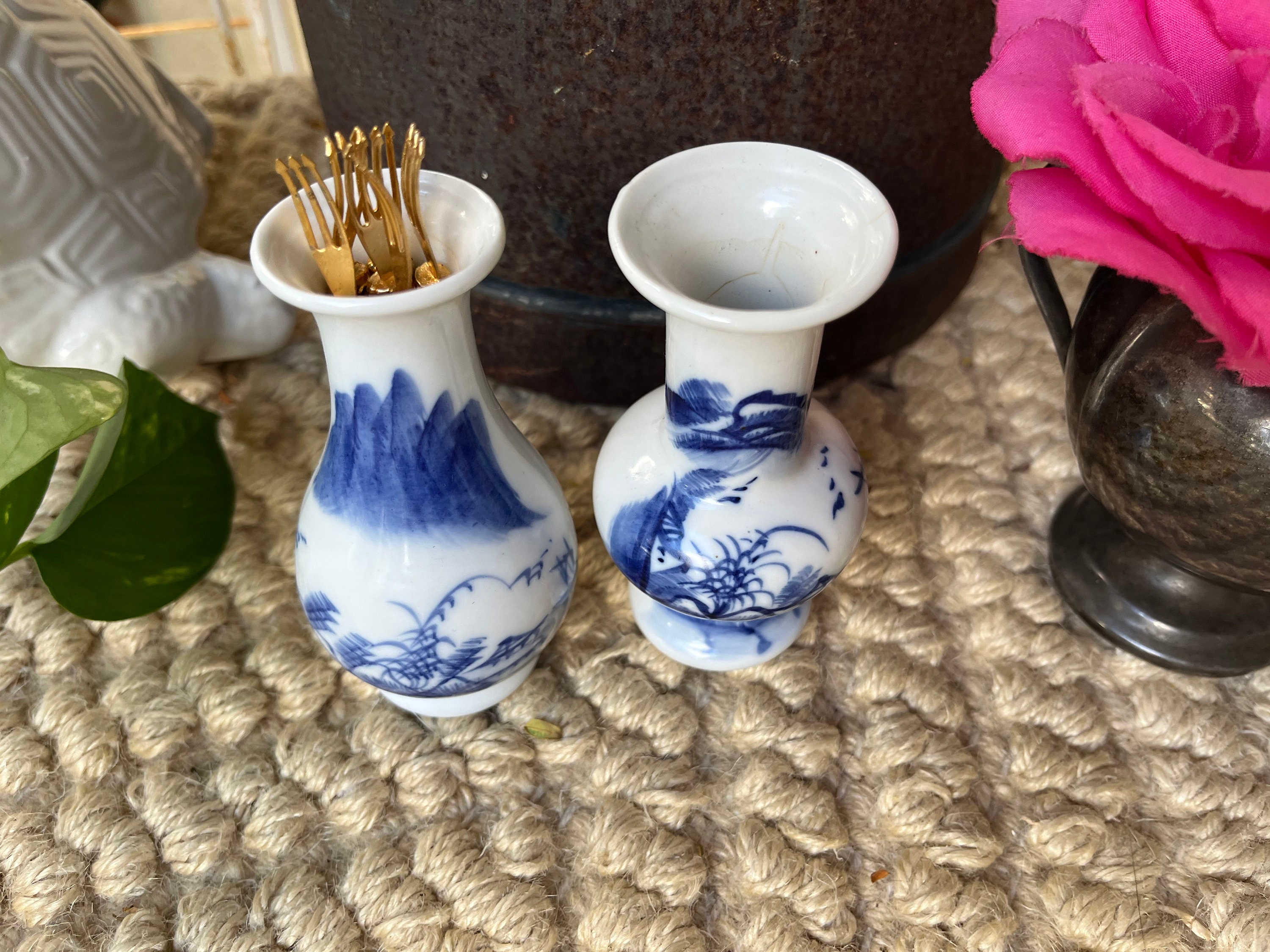 中国　新渡　青花山水文など　手付煎茶器　小猪口　三種十客　時代箱付　G　2989 中国 新渡 青花山水文など 手付煎茶器 小猪口 三種十客 時代箱付