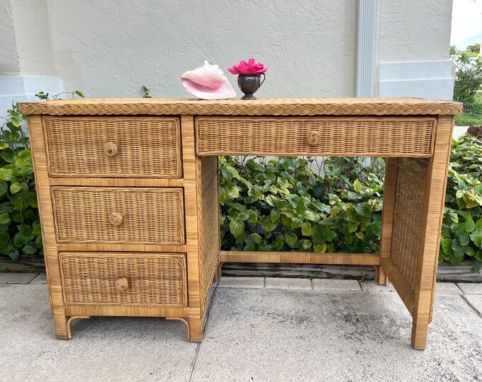 Vintage Rattan Desk With Braided Edge, Wicker Writing Desk 4 Drawers ...