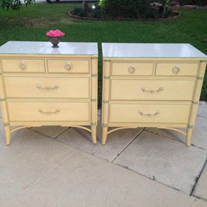 Sold FAUX BAMBOO NIGHTSTANDs 30 Inches Long Pair of Faux Bamboo Nightstands, Thomasville Hollywood Regency style at Retro Daisy Girl