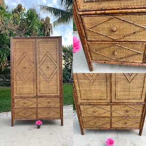 May include: A tall, brown wicker armoire with two doors and four drawers. The doors and drawers have a diamond pattern woven into the wicker.