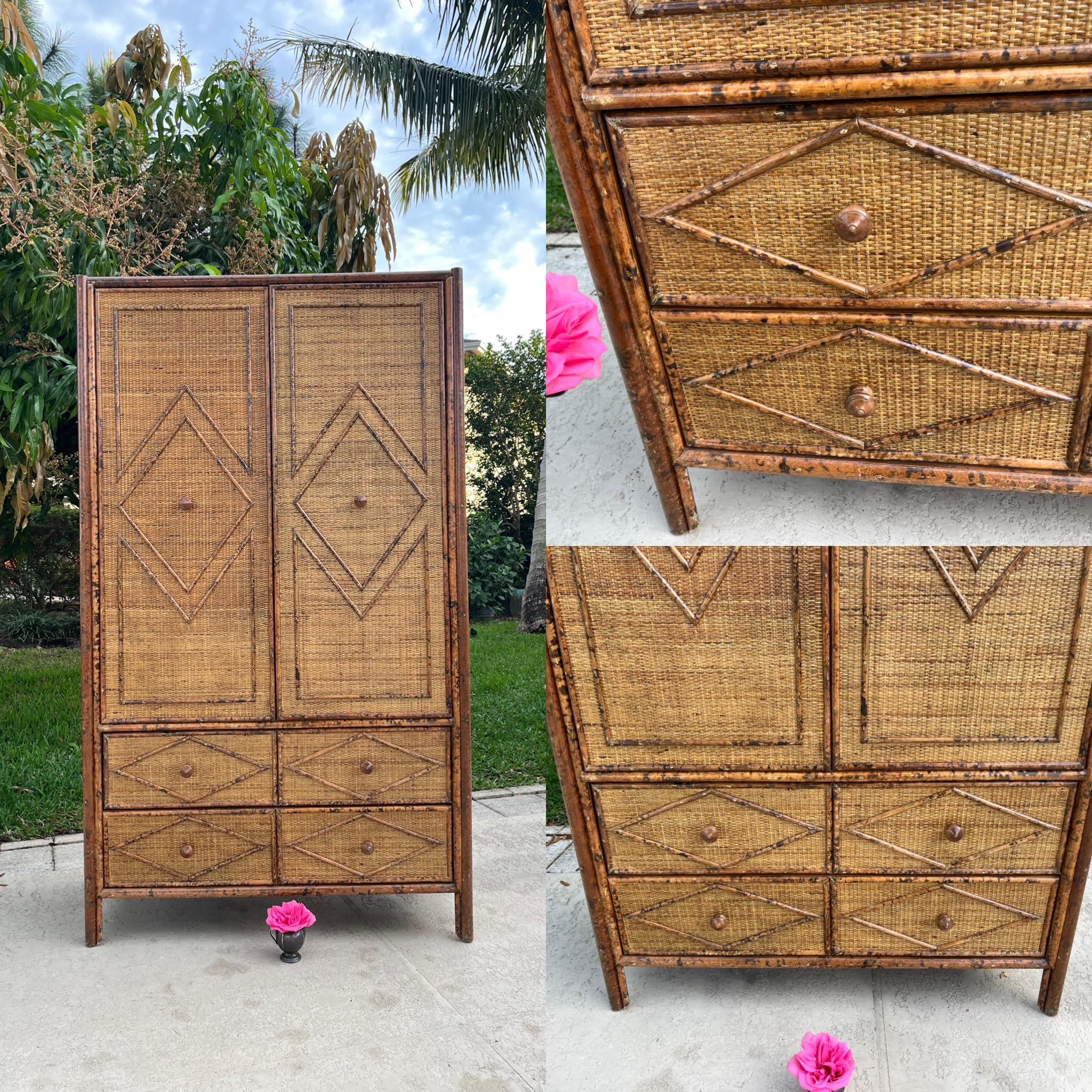 Vintage Tortoise Rattan Diamond Pattern Armoire at Retro Daisy