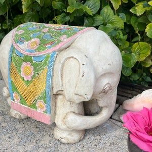 Cute Carved Elephant Bench, hand carved Elephant painted yellow, green, blue and pink, Adorable vintage carved wooden Elephant Decor