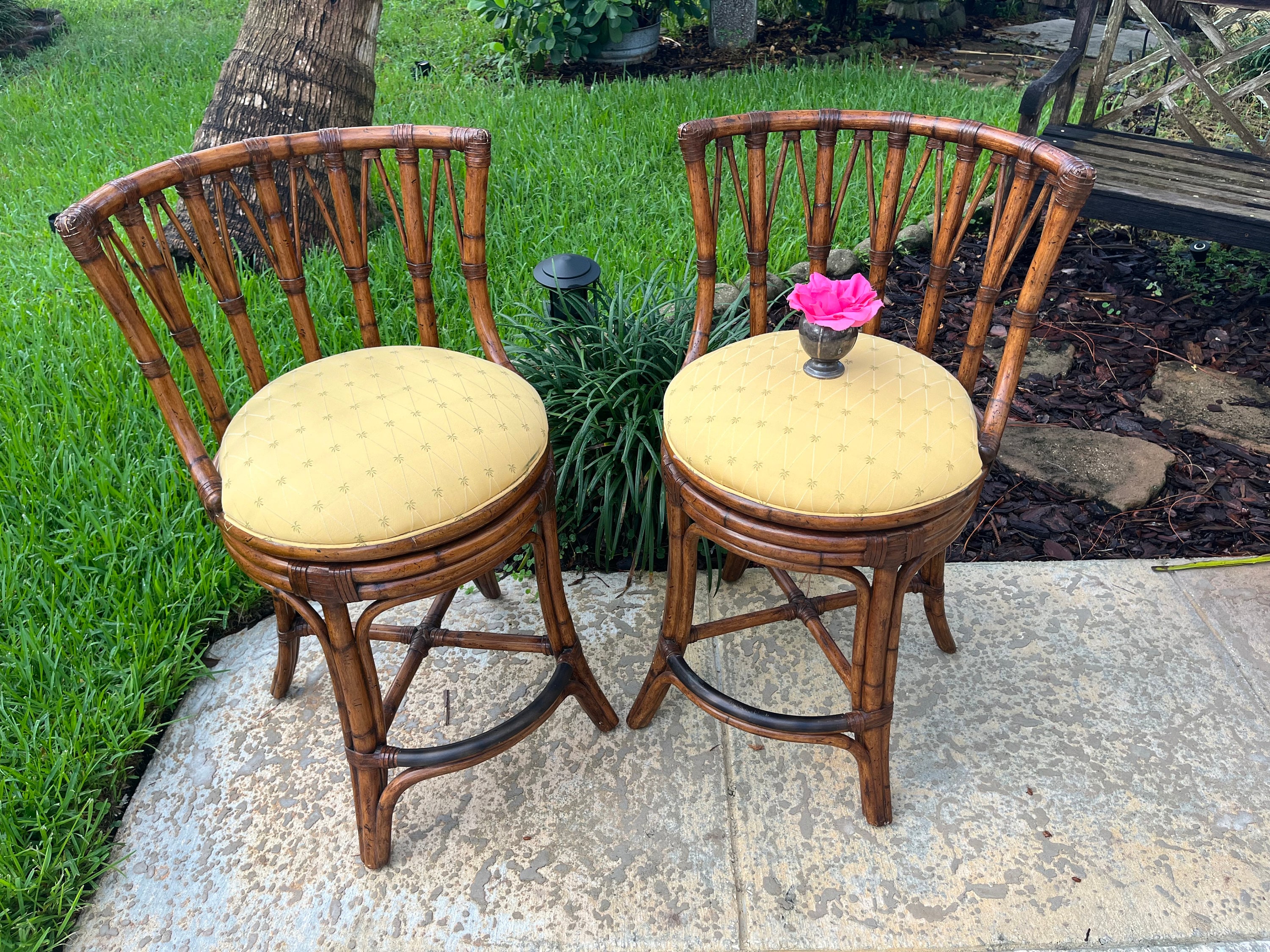 PAIR TOMMY BAHAMA Bamboo Rattan Swivel Bar Stools, Coastal Island style  rattan swivel bar stools with palm tree fabric, set avail
