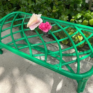 Coastal Bamboo Rattan Coffee Table, Tropical Island style Oval green coffee table with oval glass