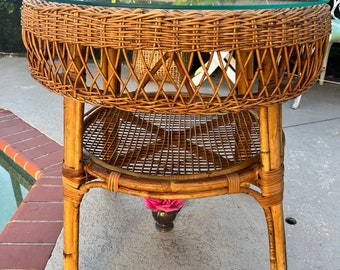 Vintage Wicker Bamboo Side Table glass top, burnt Bamboo Table, 27” tall x 25 1/2” diameter Island Style Rattan Side Table