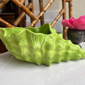 May include: A bright green ceramic seashell planter. The planter is shaped like a conch shell and has a textured surface.