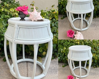 RATTAN DRUM TABLE Vintage Coastal Side Table, Chinoiserie Bamboo Table 23 1/4” tall at Retro Daisy Girl