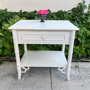 THOMASVILLE ALLEGRO Faux Bamboo Nightstand, Coastal Faux Bamboo Chinoiserie Nightstand Newer Off White Satin Thomasville Allegro Nightstand