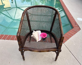 Vintage Faux Bamboo Cane Barrel arm chair, Chinoiserie Cane Faux Bamboo arm chair Coastal Faux Bamboo Chair
