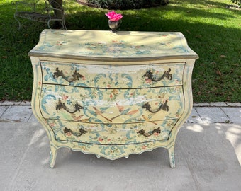 Louis XV Style Venetian Painted Bombe Chest of Drawers, Rococo Chest with birds and flowers hand painted large Commode Chest