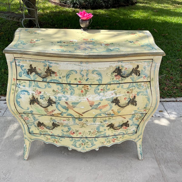 Louis XV Style Venetian Painted Bombe Chest of Drawers, Rococo Chest with birds and flowers hand painted large Commode Chest