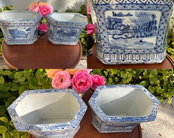 VINTAGE BLUE and WHITE Planter 13.25” x 9” tall, Chinoiserie Cachepots Chinese Pagoda Planter Chinoiserie Style / Asian Planter 2 Available