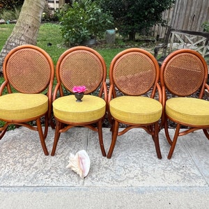 Set of 4 Vintage Rattan & Cane Back Chairs, Frankl style Bentwood Chairs, 4 Mid Century Modern Boho Chic Bentwood chairs