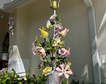 Vintage Italian Tole Lamp, Tole metal floral bouquet pink, lavender, yellow, greens in silver metal pot 39 1/2” tall
