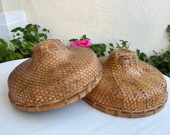 Vintage Chinese Rattan Rickshaw Hat, Tiki Oasis Woven Hat, Boho Chic Wall Hanging, 2 Available
