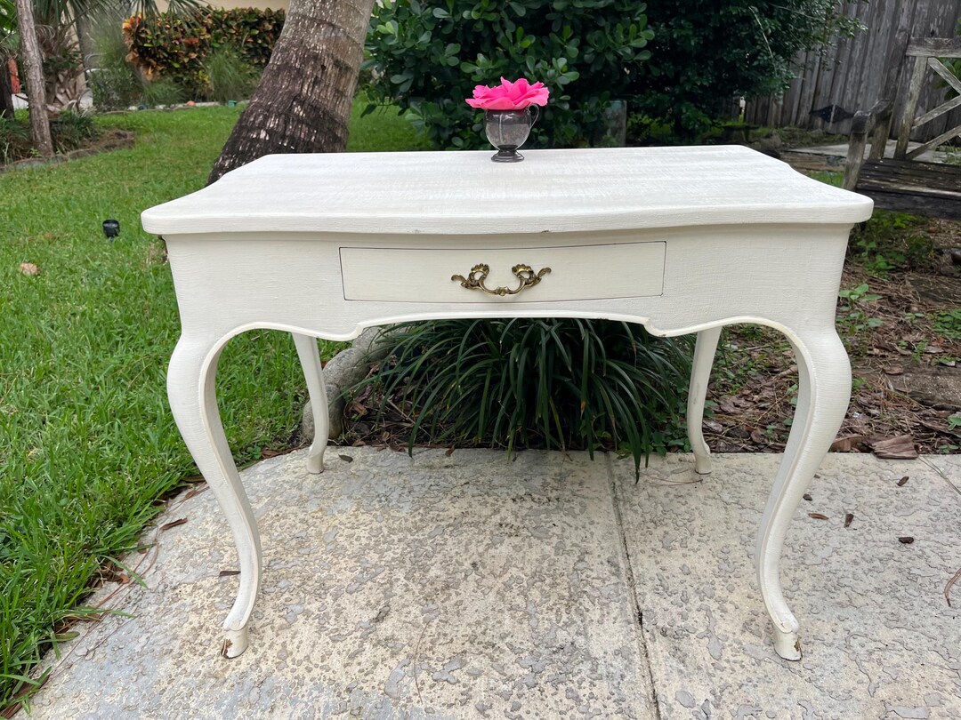 Vintage French Provincial Linen Wrapped Console Table, Serpentine Legs ...