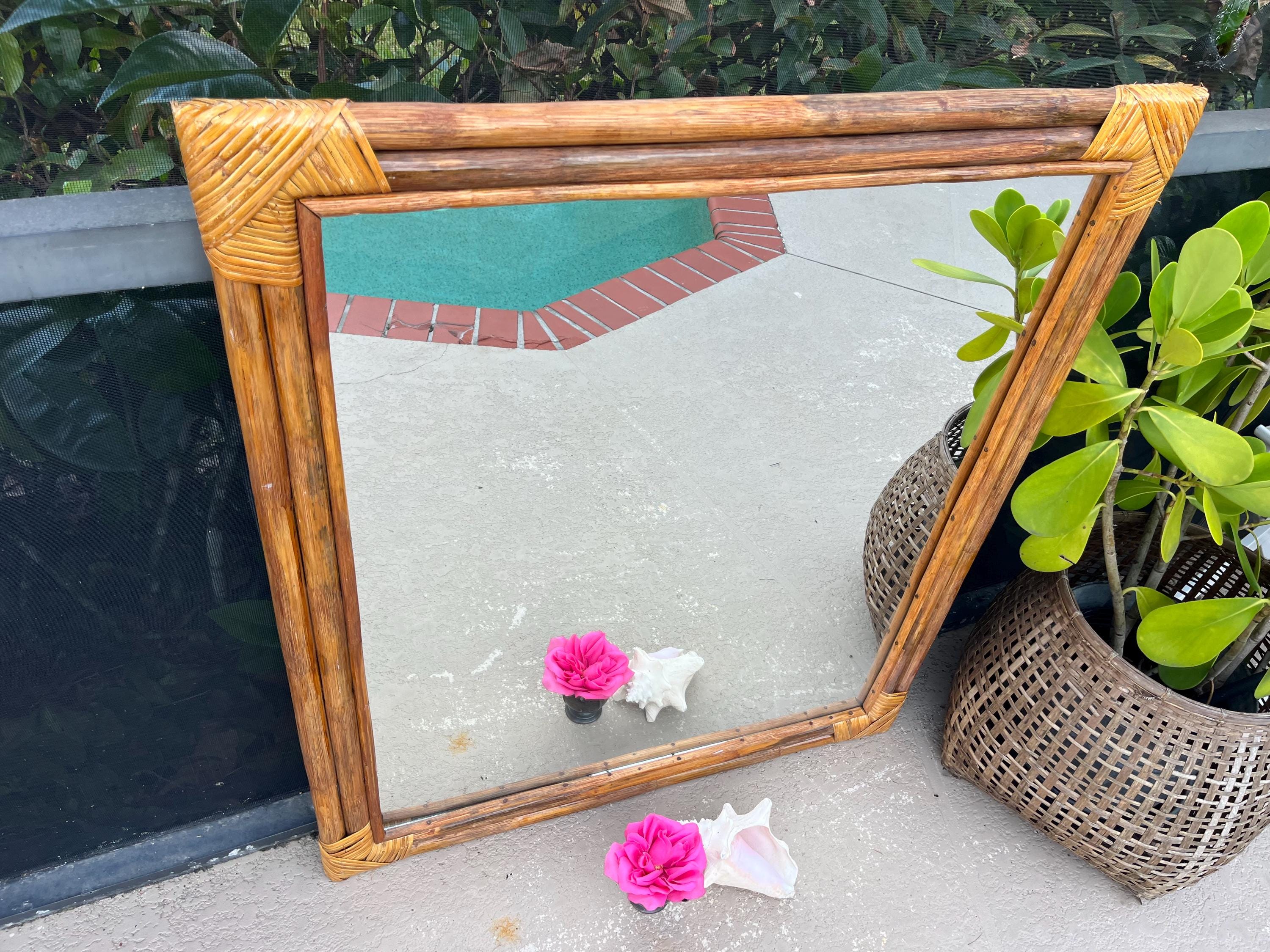 Large Mid Century Bamboo Rattan Rectangular Mirror, Italy 1970s