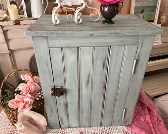 Antique French Farmhouse cabinet, Vintage Shabby Chic light blue table top Jelly Cabinet
