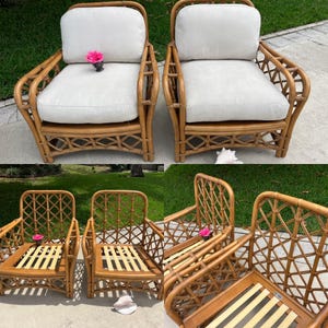 PAIR of FICKS REED Rattan Lounge Chairs, Vintage Coastal Rattan Arm Chairs Ficks Reed label on each Coastal Boho Bamboo Chairs