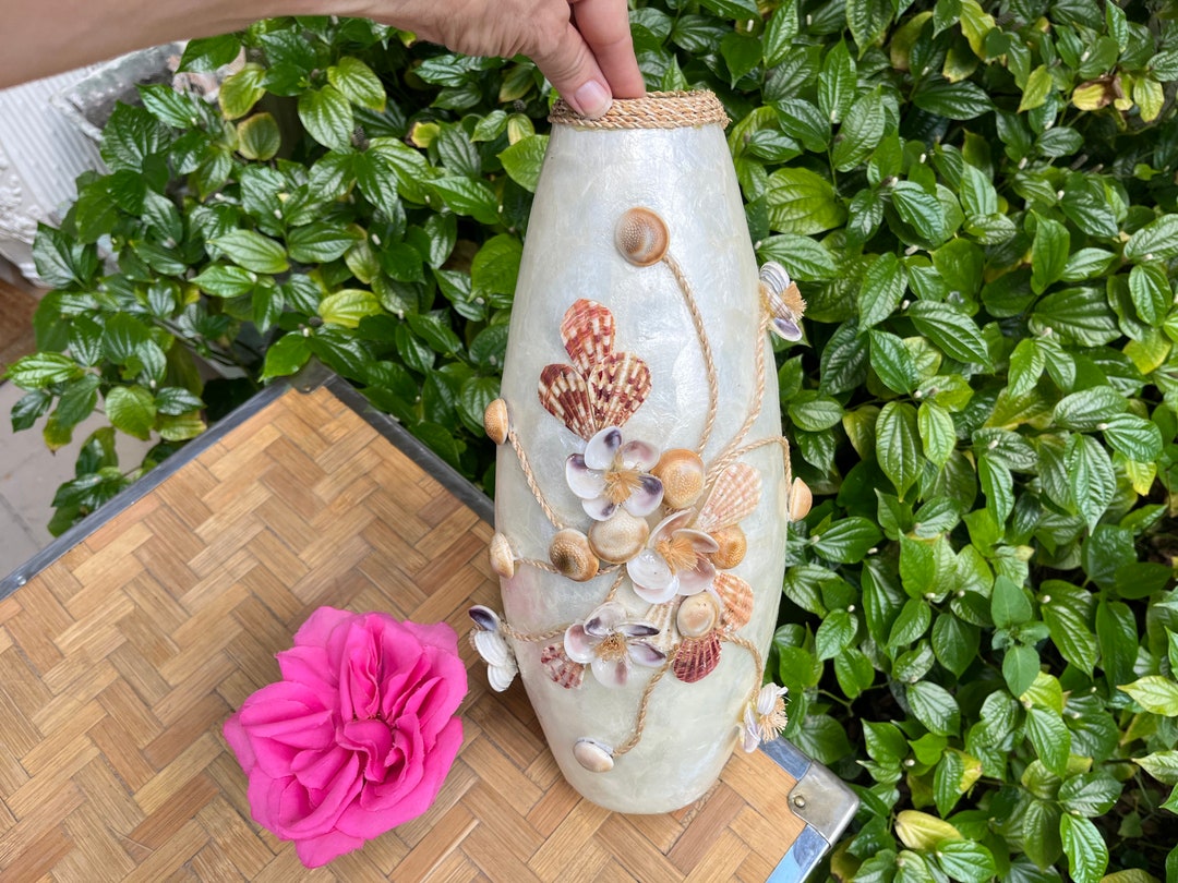 Capiz Seashell Vase, 15 Inch Large Capiz Shell Flower Vase, Handmade Flowers Made of Shells
