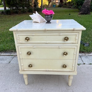 Vintage Ficks Reed Style Faux Bamboo Nightstand, Coastal Boho Faux Bamboo Nightstand at Retro Daisy Girl