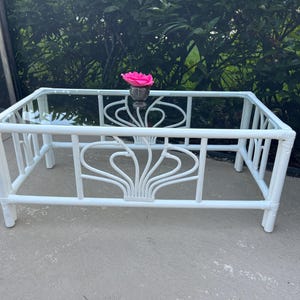 Coastal Bamboo Rattan Coffee Table, Tropical Island style sculptural coffee table with glass, White Dove paint at Retro Daisy Girl