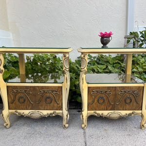 PAIR of FRENCH PROVINCIAL Satinwood Nightstands 1920s, Romweber Style Nightstands Ornate Nightstands glass tops at Retro Daisy Girl