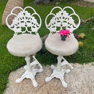 PAIR Shabby Chic wrought iron swivel counter bar stools, Pair of French style Swivel barstools seat height is 26 1/2"