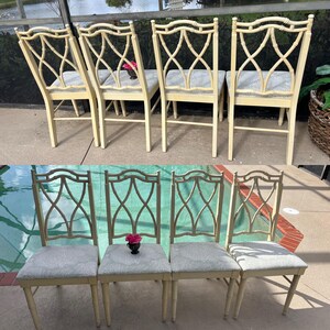 May include: Set of six cream-colored dining chairs. Each chair features a decorative back with an intersecting lattice design. The seats are upholstered in a light gray fabric. The chairs are arranged in two rows, with three chairs in each row.