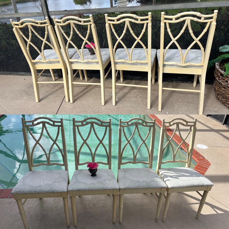 May include: Set of six cream-colored dining chairs. Each chair features a decorative back with an intersecting lattice design. The seats are upholstered in a light gray fabric. The chairs are arranged in two rows, with three chairs in each row.