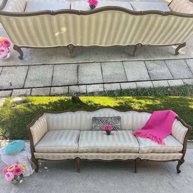 French Louis XV Provincial Sofa, Serpentine Carved Back, Tan Cream Silk ...