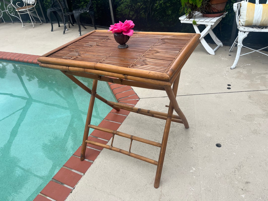 美品 FOLDING BAMBOO MINI Mid Century Bamboo Rattan Folding Table With X Base Bamboo