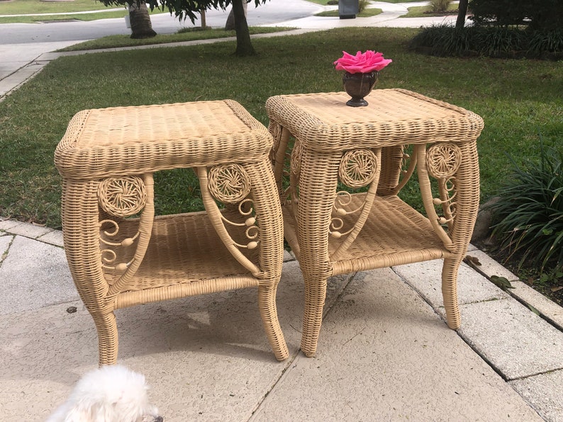 Pair of WICKER SIDE TABLES Boho Chic Wicker Side Tables Etsy