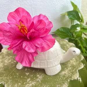 May include: A white ceramic turtle planter with a pink hibiscus flower inside. The turtle has a painted eye lash on one eye.