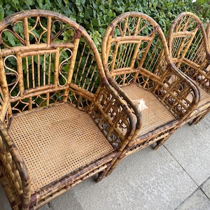 4 TORTOISE BAMBOO RATTAN Cane Chairs, Vintage Coastal Brighton Pavilion Fretwork chairs, Set of 4 Boho Palm Beach