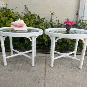 PAIR of Faux Bamboo Oval Side Tables - Chinoiserie Faux Bamboo Fretwork Side Tables a Pair - Thomasville Tables, convo for shipping