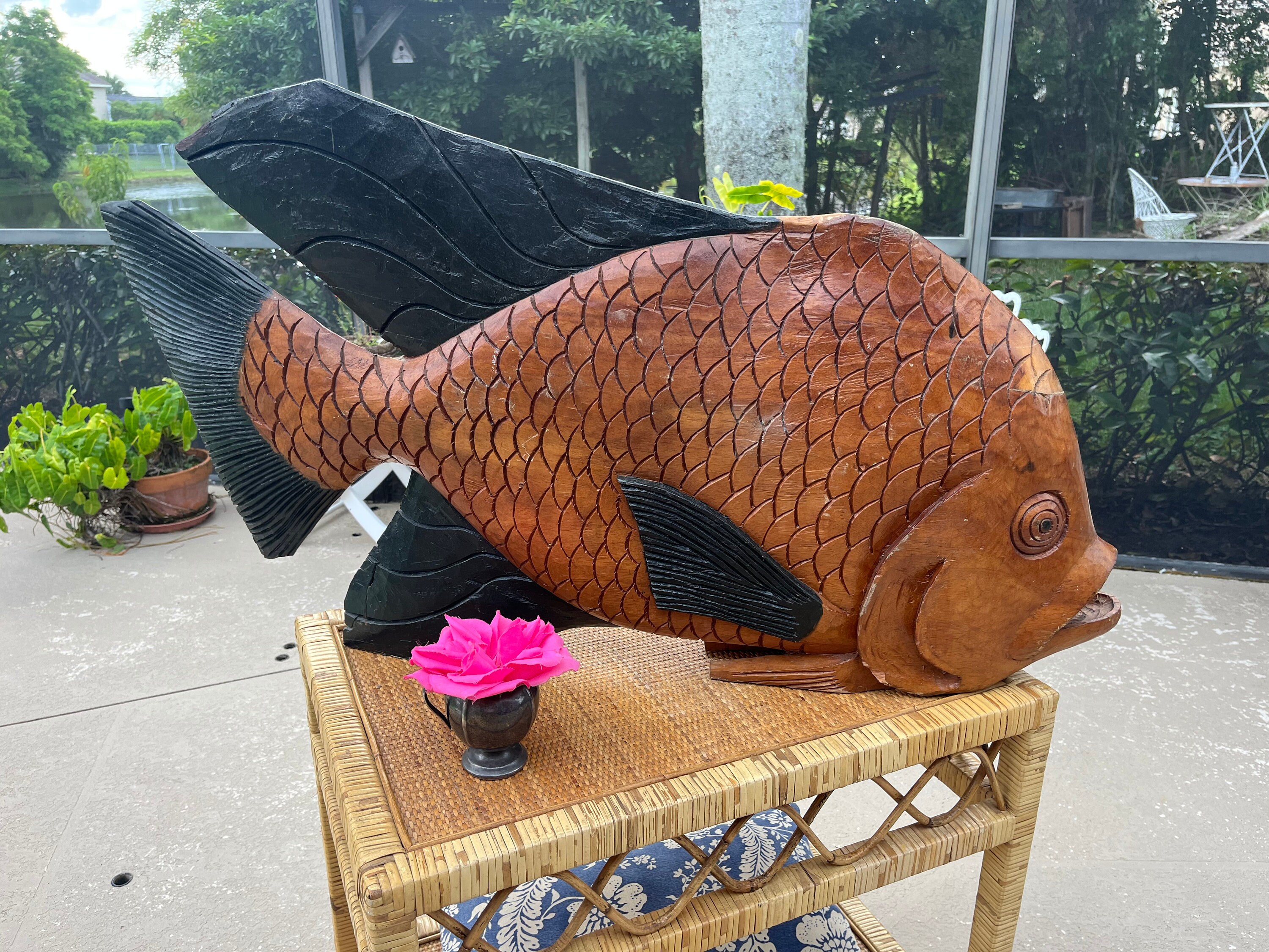 Antique Japanese Hand Carved Wood Koi } Good Fortune Fish