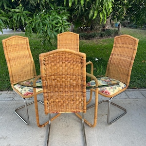 Coastal Wicker Tall Back Dining Chairs - Rattan Island style Cantilever Dining Chairs with Tall Backs Wicker warm patina, set of 4