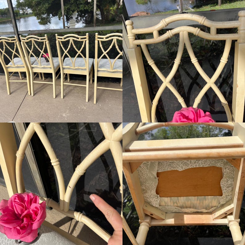 May include: Set of four cream-colored dining chairs with lattice backs and cushioned seats. The chairs have a bamboo-style design and are arranged outdoors. The seats have a light-colored fabric. The chairs are in good condition.
